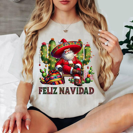 Feliz Navidad Santa With Cactus Sweater , Mexican Christmas Sweater , Merry Christmas Hoodie  T-shirt