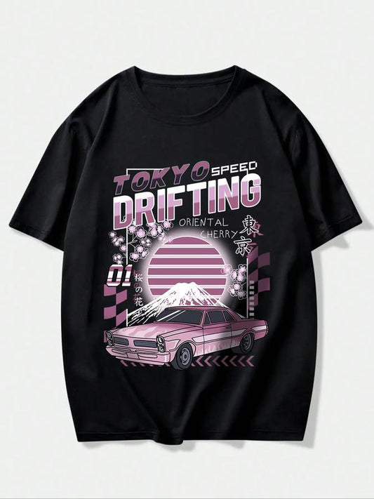 Men's Letter & Car Print Round Neck Tee,Â Summer Clothes, Casual Regular Fit Short Sleeve Crew Neck Graphic T-Shirt for Summer, Men's Top for Casual We