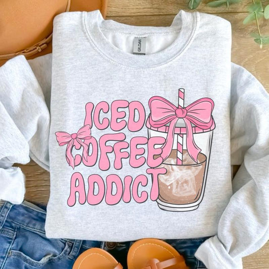 Iced Coffee Addict Sweatshirt - Ash Grey - Sublimation - Coffee - Unisex Jersey Sweatshirt