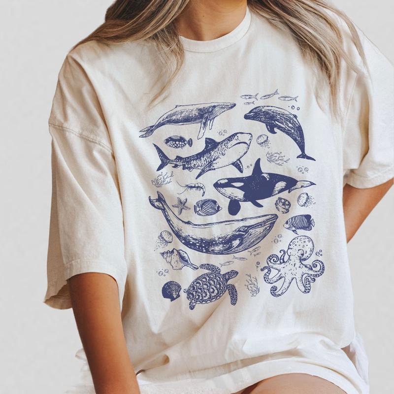 Vintage Sea Annimal Shirt, Ocean Animal Shirt, Ocean Nature Shirt, Gift For Her, Dolphin Shirt, Turtle Tee, Ocean Shirt for Women, Hello Summer Shirt,