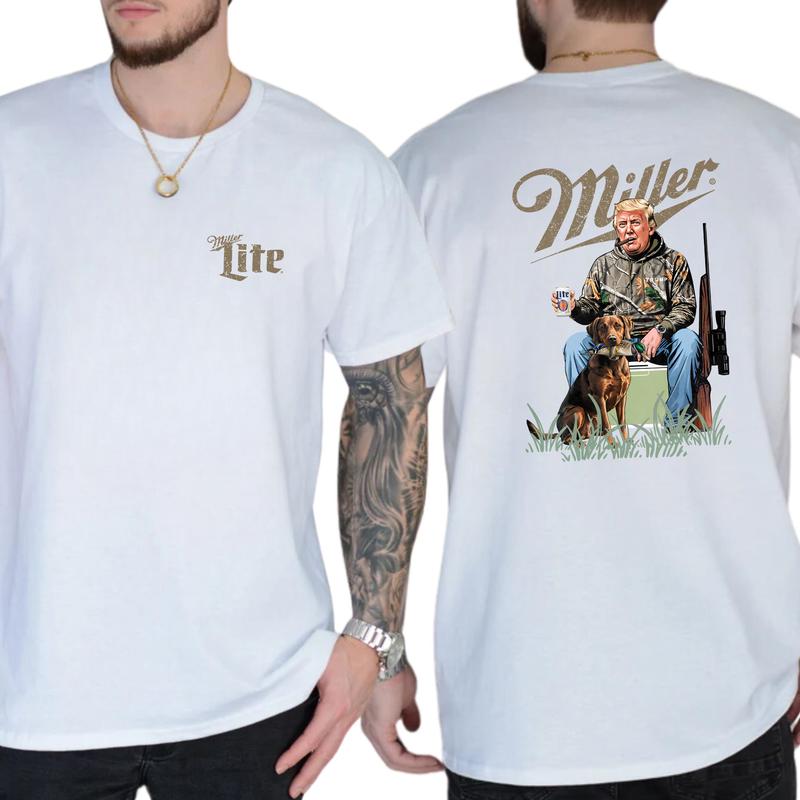 Hunter Trummp with Dog and Miler Lite Beer Shirt 2-Sided, Vintage Men's Buck Hunting Tshirt, Beer Drinking Tee, Hunt Tops, Classic Casual Menswear