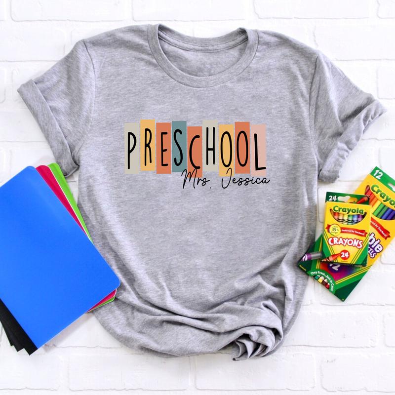Happy First Day Of School Preschool Teacher Shirt, Custom Name Shirt, Personalized Teacher Shirt (Please Inbox In Message), Preschool Teacher Shirt, P