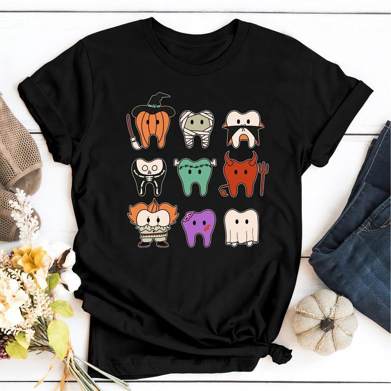 Halloween T.e.e.t.h Dental Shirt, Pediatric Dentist Shirt, Hygienist Halloween , Dentist Halloween Shirt Collar Comfort Cotton Fabric