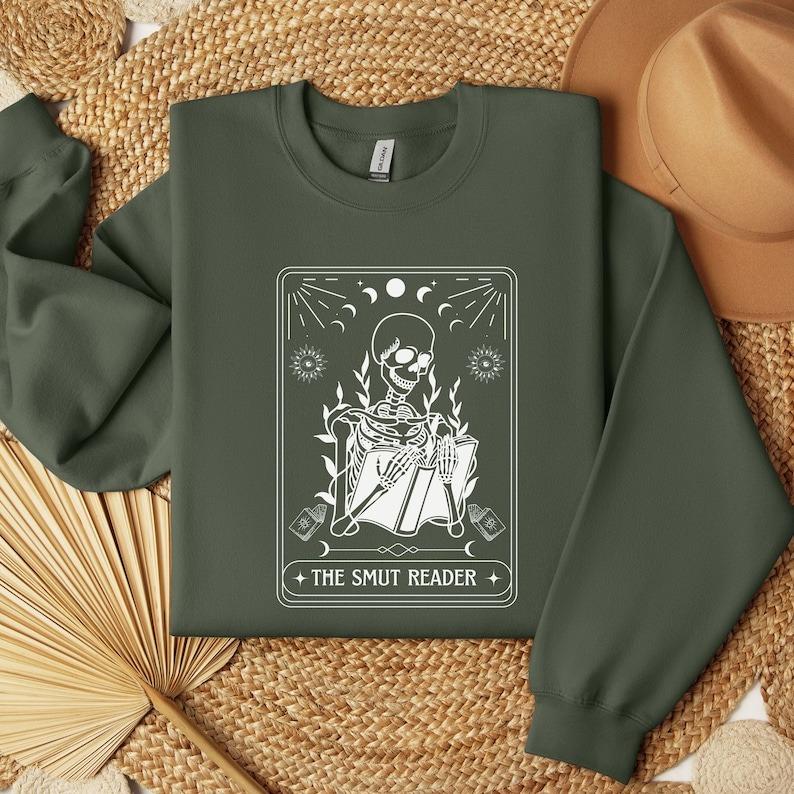 The Smut Reader Tarot Card Sweatshirt, Skeleton Reading Sweater, Book Lover Gift For Goth Mom