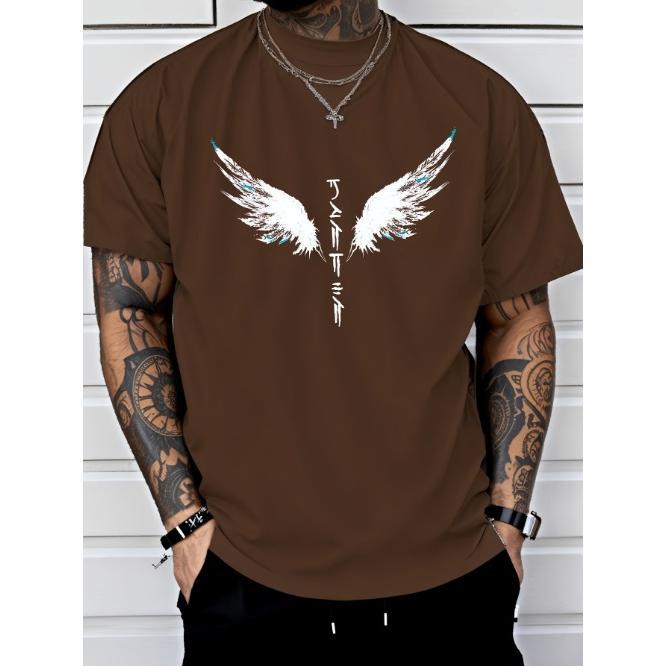 Mens Bold Wings Print T-shirt - Lightweight & Breathable, Casual Short Sleeve Crew Neck - Perfect Summer Outdoor Clothing for Stylish AdventuresMade i