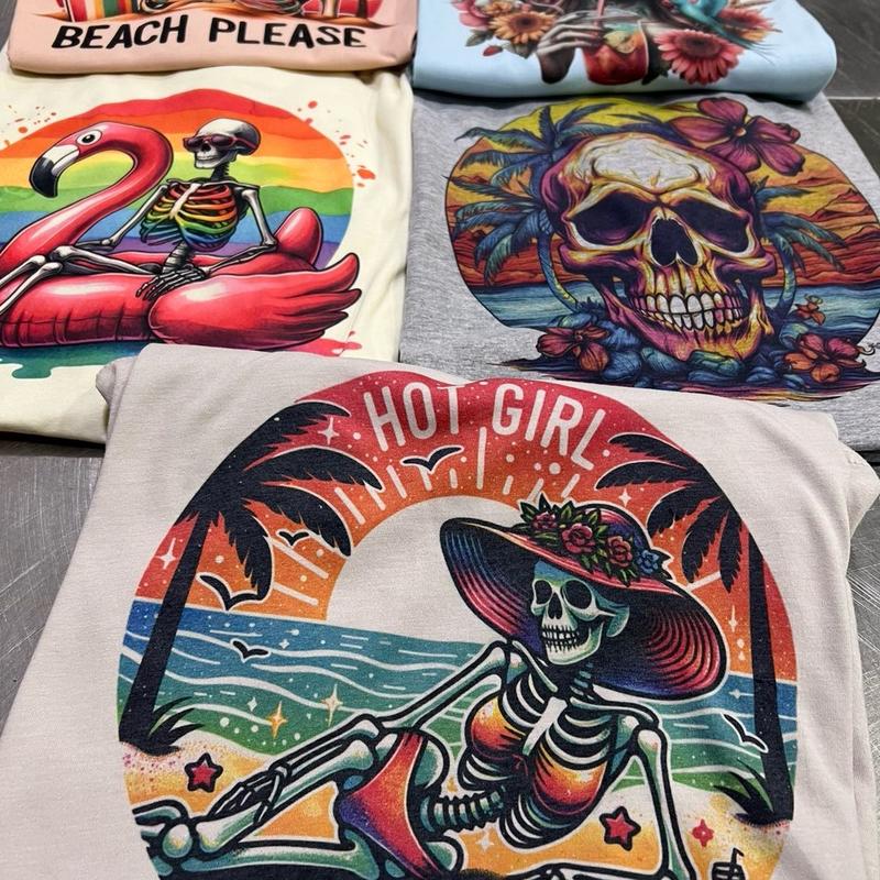 Beach Tshirts Summer Skull T-Shirts Beach Skeleton Tees Skull Floral Tshirts Beach Please Skull Tee Womens Summer Vacation Rocker Tshirts F