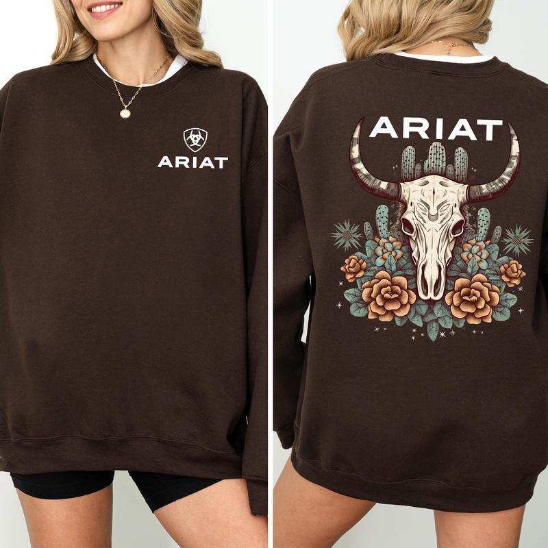 Vintage Ariat Floral Bull Skull 2-Sided Sweatshirt, Western Cowboy Crewneck, Country Cowgirl Sweater, Boho Women's Tops, Casual Cotton Womenswear