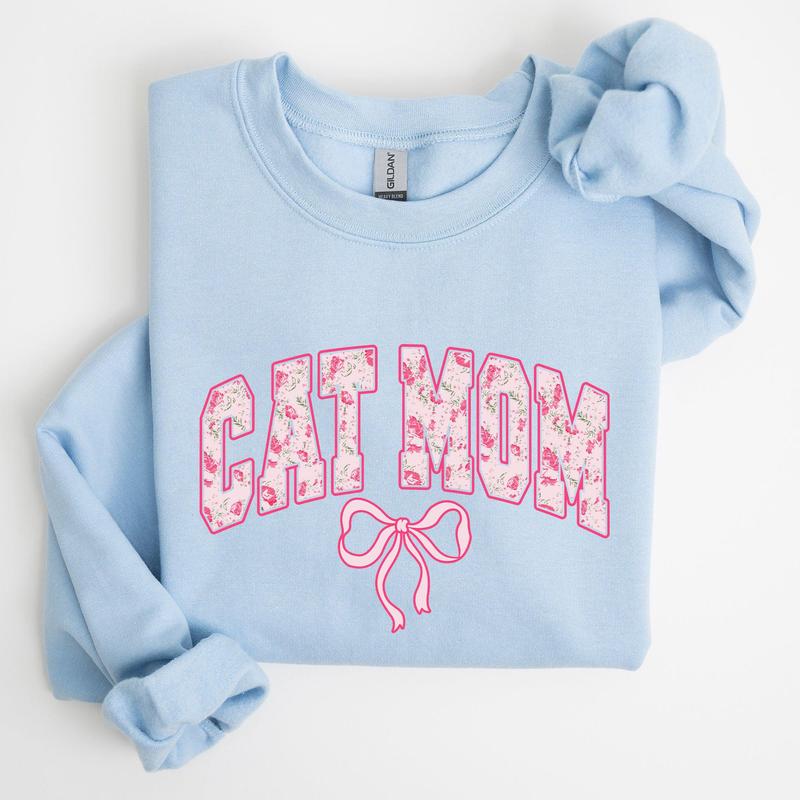Cat Mom, Coquette, Pink Bows, Trend, Girly, Soft Girl Era Sweatshirt, Women's Crew Neck, Crewneck Casual Comfort Womenswear Comfortable Graphic