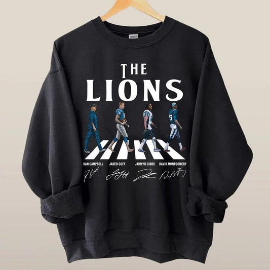 Lions Walking Abbey Road Signatures Football Sweatshirt, Dan Campbell, Jared Goff, Jahmyr Gibbs, David Montgomery, Detroit Vintage Sweatshirt