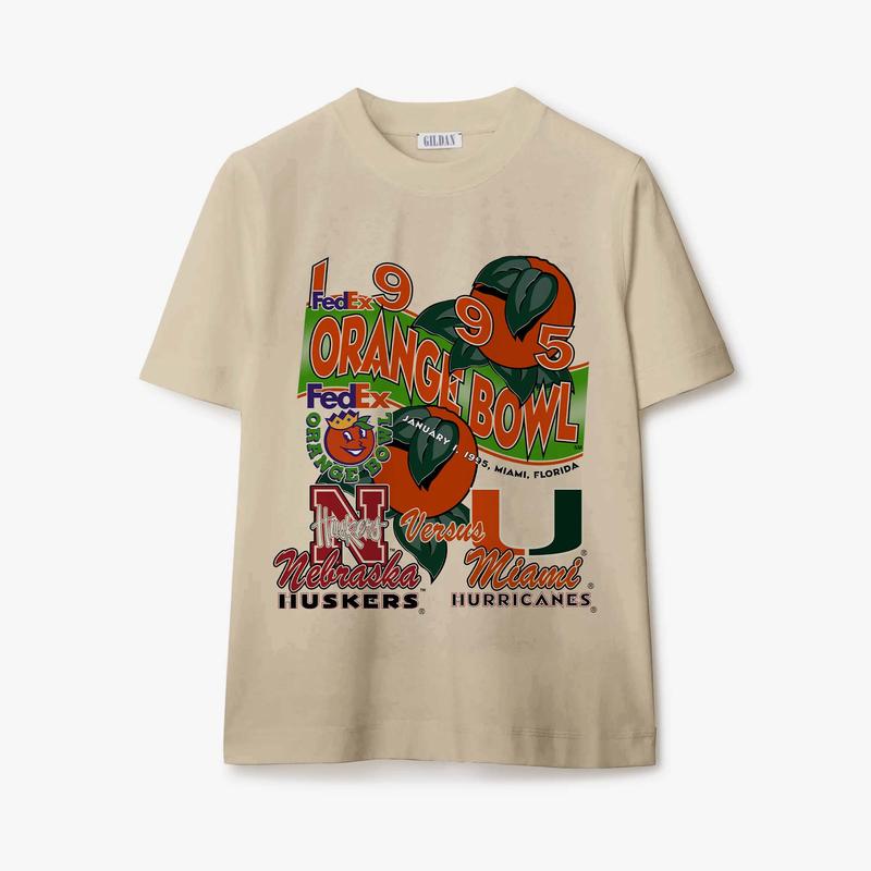 Vintage NCAA Orange Bowl Basketball College T-Shirt Cotton Short-sleeve Retro Streetwear Tshirt Menswear Top