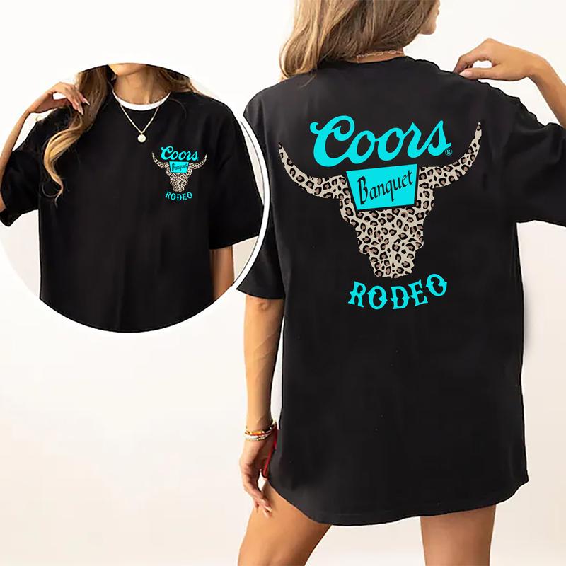 Vintage Coors Banquet Rodeo Leopard Shirt 2-Sided, Coors Rodeo Tee, Country Cowboy Shirt, Retro Bullhead T-shirt, Soft Cotton Fabric Casual Womenswear
