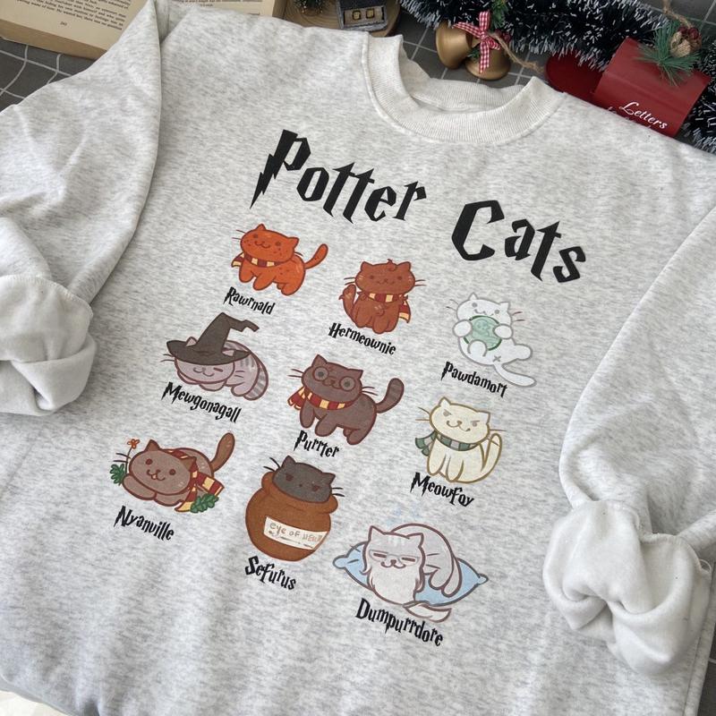 Potter Cats Sweatshirt Hoodie Shirt, HP Gifts Cotton Relaxed Fit potterhead gift potterhead sweater harry potter potterhead fan