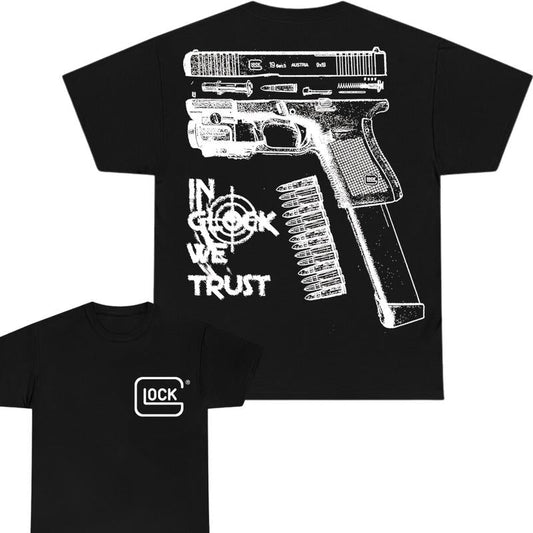 In Glock We Trust Double Sided Print T-Shirt - Glock shirt - Classic Width and Collar for Men and Women- Cotton Menswear Top