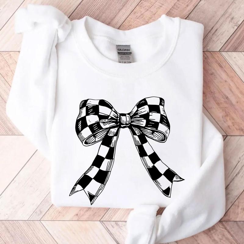 Coquette Checkered Black Bow Sweatshirt, Coquette Bow Sweater, Gift for Women