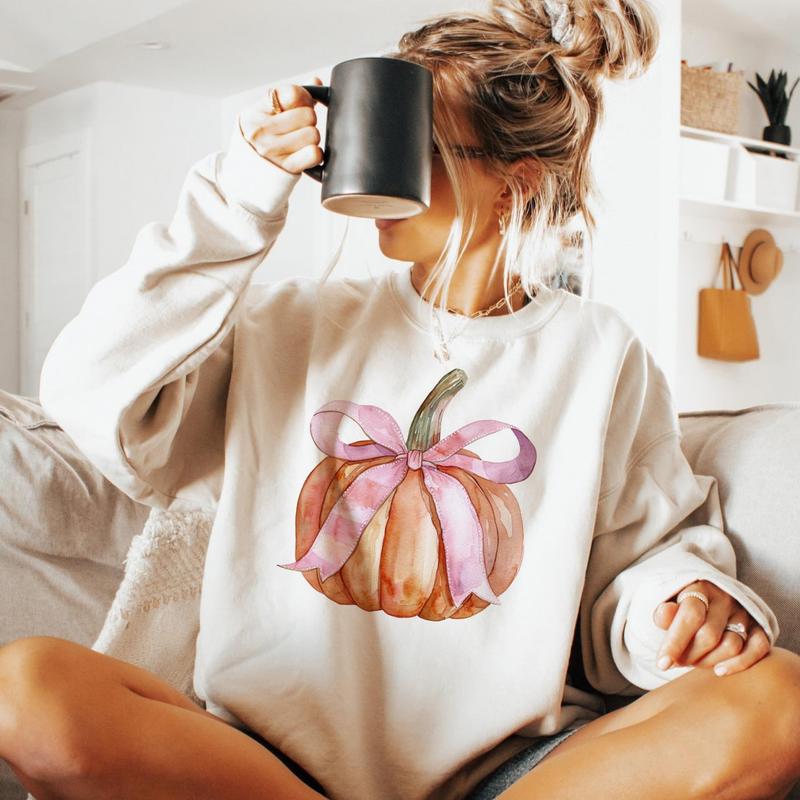 Pumpkin Coquette Bow Sweatshirt, Pink Bow Pumpkin Tee Shirt, Coquette Pumpkin Halloween Sweatshirt, Pumpkin Season Bow Shirt, Coquette Pumpkin Hallowe