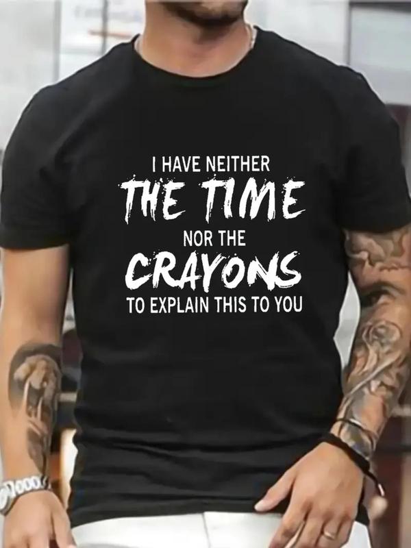 Men's Letter Print Round Neck Tee, Summer Short Sleeve Crew T-Shirt for Comfort, Street Casual Style for Menâ€™s Warm Weather Outfits