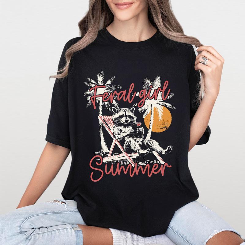Feral Girl Summer Shirt, Feral Women Comfort Tee, Racoon Lover Shirt, Funny Raccoon T-Shirt, Beach Shirt, Beach Vacation Outfits, Trendy Summer Design