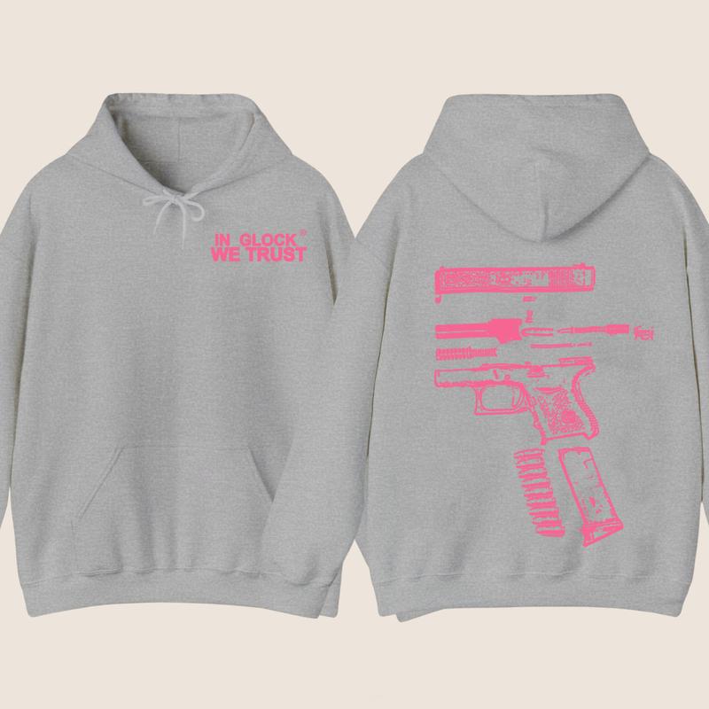 IN GLOCK WE TRUST 2 SIDE Hoodie , Design Heliconia pink, Sweater for Men , Gift For Men ,Full Color , Menswear Top, Glock SweatShirt Classic Cotton