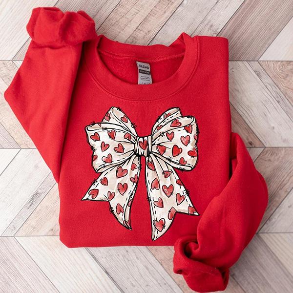 Coquette Valentine's Day Heart Bow Sweatshirt, Retro Valentine Shirt, Valentines day Bow Shirt, Coquette Bow T Shirt, Bow Valentine Gifts