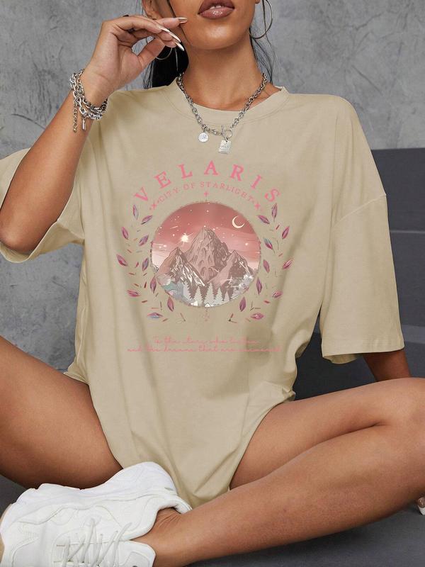 WomenswearÂ Mountain & Letter Print Round Neck Tee,Â ComfortÂ Trendy Casual Crew Neck Short Sleeve T-shirt for Daily Wear, Ladies Summer Outfit