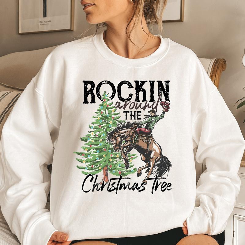 Rocking Around The Christmas Tree Sweatshirt,Retro Christmas Western Shirt,Cowboy Christmas Shirt,Yee Haw Howdy Christmas,Women's Christmas