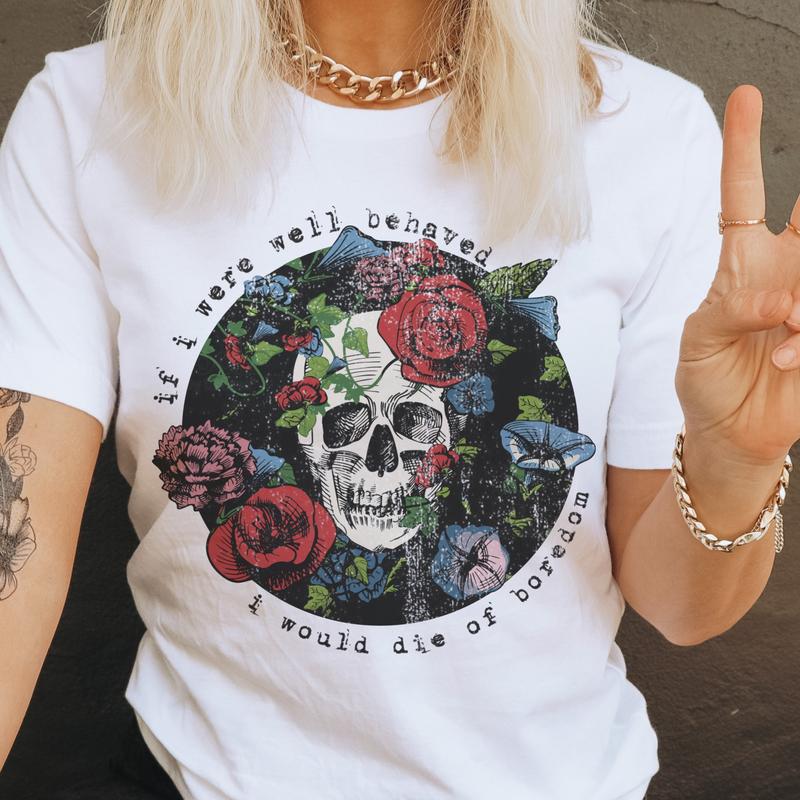 Skull Tshirts Painted Skull Tees Painted Floral Skull Tops Floral Skull  T-Shirts Womens Floral Skulls Tops Skeleton Rocker Tees Girly Skull T-Shirts