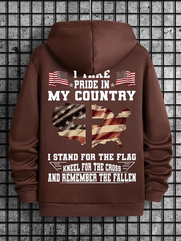 Men's American Flag Print Drawstring Hoodie, Casual Regular Fit Sweatshirt for Spring & Fall, Daily Wear Fashion for Men