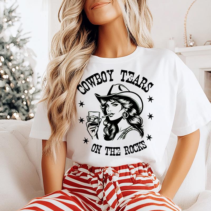 Cowboy Tears on the Rocks- T-Shirt -  Print is Sublimation, Unisex T-Shirt, Funny Tee,Gift Idea, Relaxed Fit, Casual Apparel, Great with Jeans, Womens