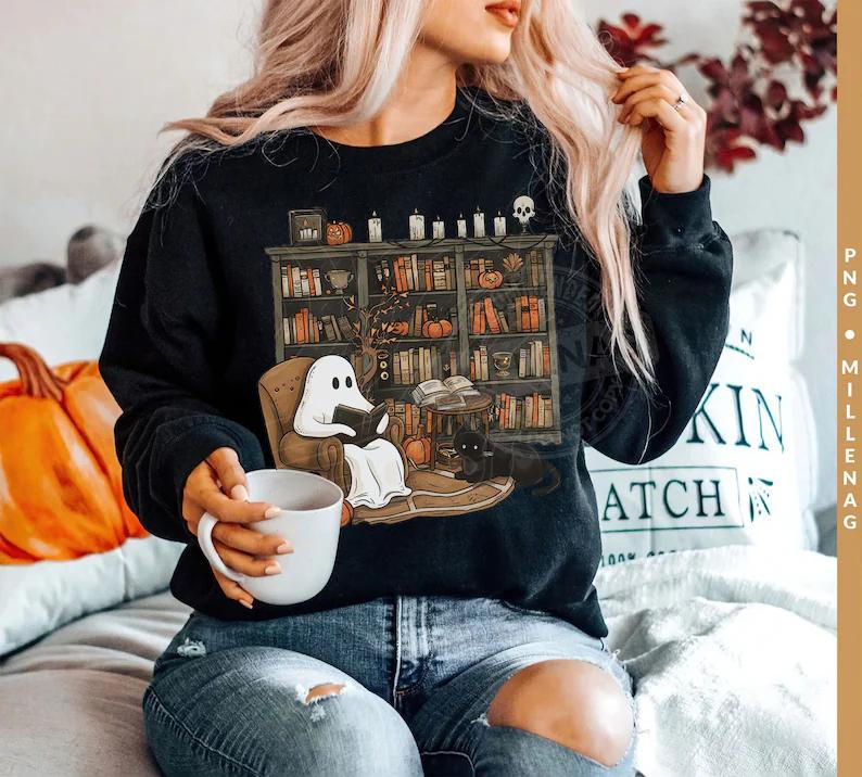 Retro Ghost Reading Books Sweatshirt T-Shirt Hoodie, Librarian Ghost Halloween Sweater, Halloween Teacher Shirt, Ghost Halloween Shirt, Ghost Shirt, G