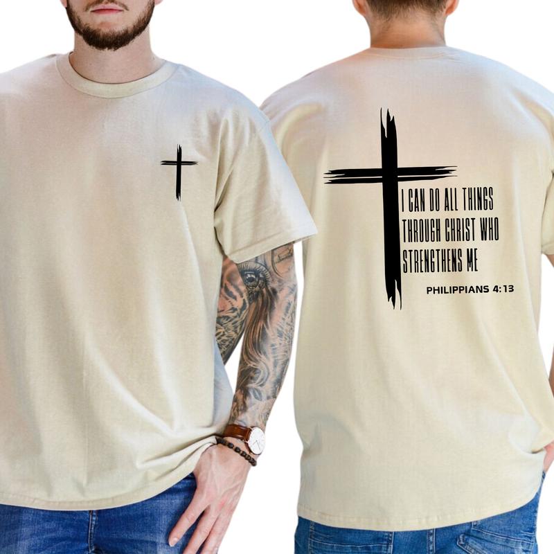 Men's Christian Cross 2-Sided Shirt, I Can Do All Things Through Christ T-shirt, Bible Verses Tops, Jesus Apparel, Religious Tees, Classic Menswear
