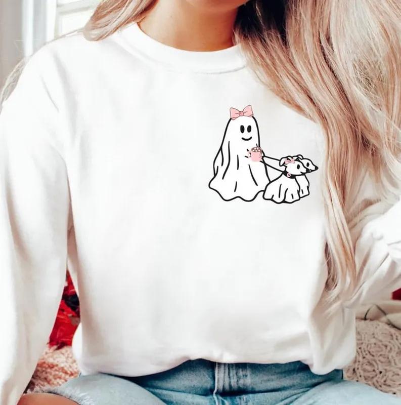 HALLOWEEN PINK GHOST Sweatshirt, Ghost Walking Dog Sweatshirt, Womens Halloween Sweater, Viral Ghost Walking Dog Shirt
