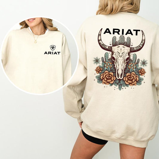 Vintage Ariat Floral Bull Skull 2-Sided Sweatshirt, Western Cowboy Crewneck, Country Cowgirl Sweater, Boho Women's Tops, Casual Cotton Womenswear