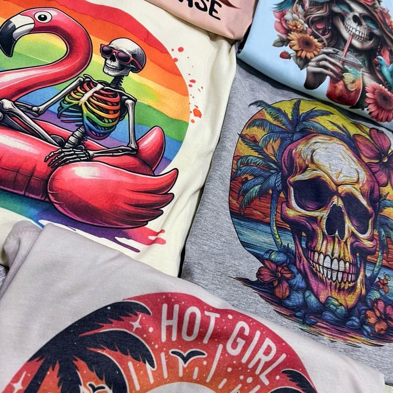 Beach Tshirts Summer Skull T-Shirts Beach Skeleton Tees Skull Floral Tshirts Beach Please Skull Tee Womens Summer Vacation Rocker Tshirts F