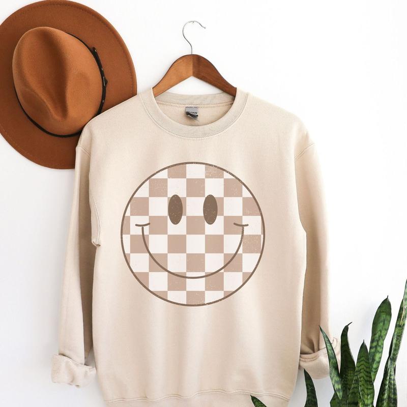 Checked Smiley Crewneck Sweatshirt, Womenswear Soft Printed Sweatshirt, Smiley Face Trendy Cozy Oversized Top