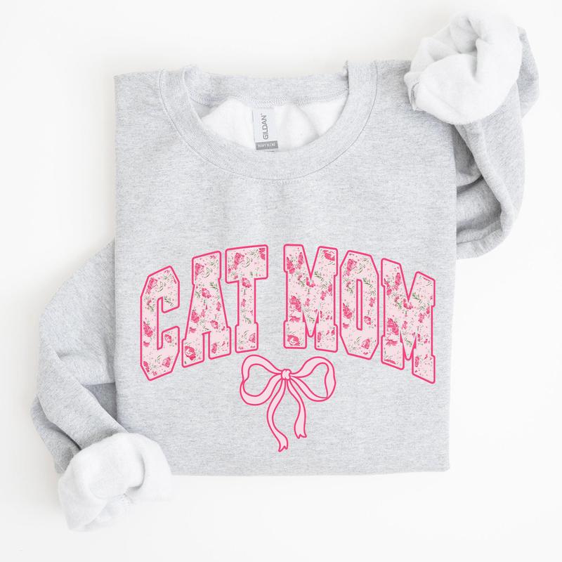 Cat Mom, Coquette, Pink Bows, Trend, Girly, Soft Girl Era Sweatshirt, Women's Crew Neck, Crewneck Casual Comfort Womenswear Comfortable Graphic