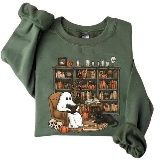 Retro Ghost Reading Books Sweatshirt T-Shirt Hoodie, Librarian Ghost Halloween Sweater, Halloween Teacher Shirt, Ghost Halloween Shirt, Ghost Shirt, G