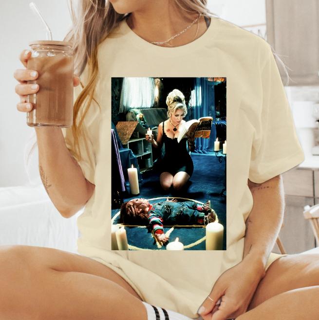 Bride Of Chucky Jennifer Tilly Charles Lee Ray Short Sleeve T-Shirt All Sizes Cotton Fabric Fit Jersey Seamless Top