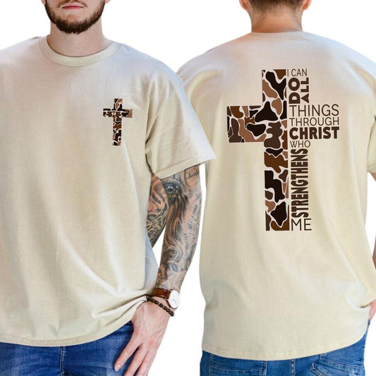 Men's Christian Camo Cross 2-Sided Shirt, I Can Do All Things Through Christ T-shirt, Hunting Tee, Bible Verses Tops, Jesus Apparel, Classic Menswear