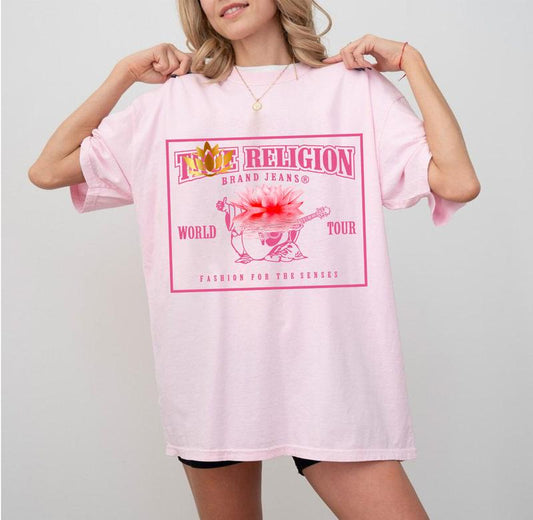 Trru Relligion Pink Color Version Shirt, Full Sizes, Full Colors, Cotton Crewneck Tee for Women, Lady Top, Womenswear Comfort Collar Embroidered