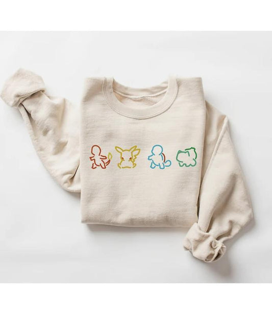 Pokemon Silhouette Sweatshirt, Pokemon Lover Gift, Pikachu, Charmander, Squirtle, Bulbasaur, Retro Cartoon, 90s Tee, Pokemon Hoodie
