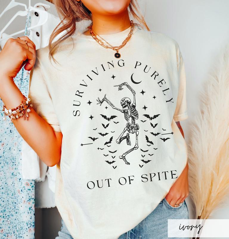 Surviving Purely out of Spite Shirt, Funny Goth Celestial Skeleton and Bats Shirt, Bat Lover Gothic Boho Garment Dyed T-Shirt