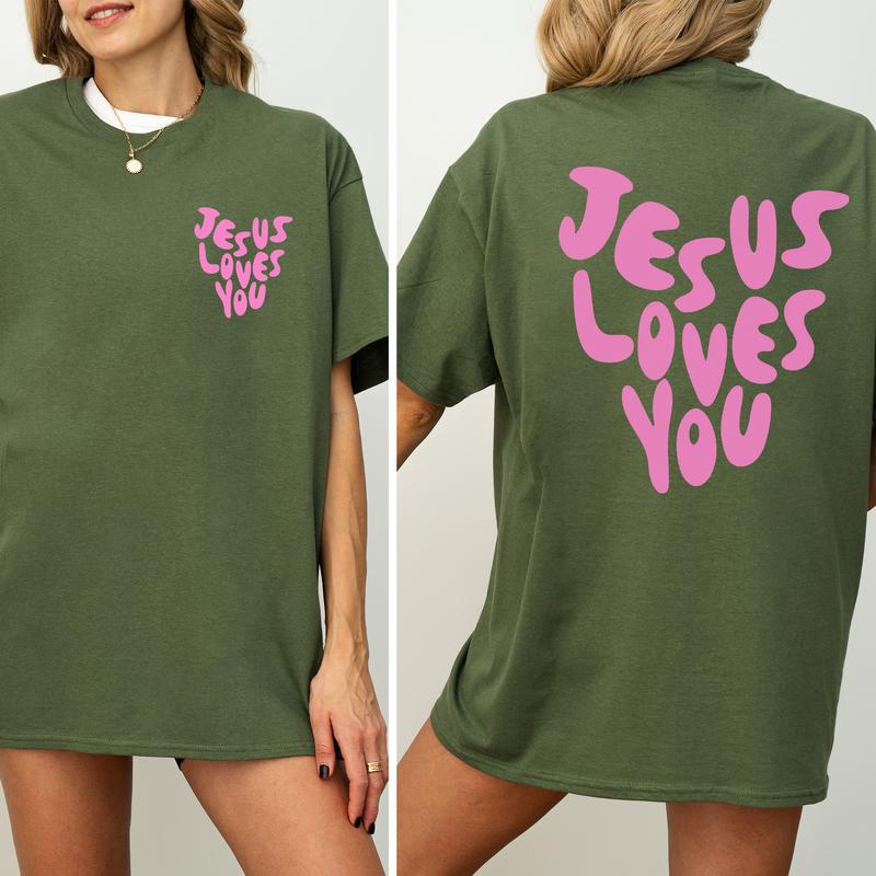 Jesus Loves You Letter Prints 2 Sided T-Shirts For Women, Comfort Clothing, Cotton Fabric Tshirt, Printed Women's Top, Casual Womenswear