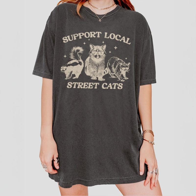 Support Your Local Street Cats Graphic T-Shirt, Retro Unisex Adult T Shirt, Vintage Raccoon T-Shirt, Nostalgia Shirt, Relaxed Cotton Tees, Raccoon Lov