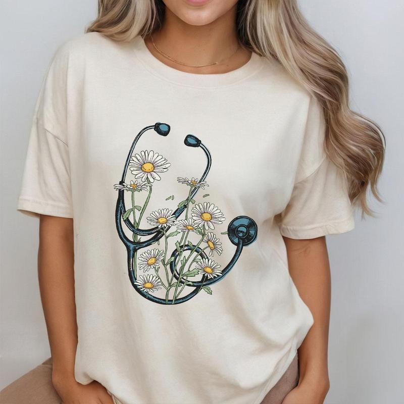 Floral Stethoscope T-Shirt, Nurse Stethoscope Shirts, Shirt For Nurse, Nurse Shirts, Nurse Daisy Flower Stethoscope Shirts, Doctor or Nurse Tshirts, W