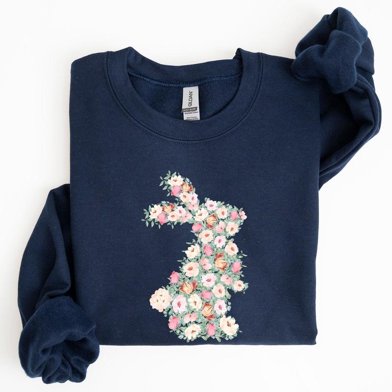 Floral Print Rabbit, Bunny, Easter Sweatshirt, Women's Crew Neck, Crewneck