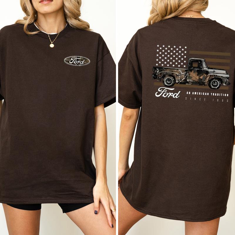 Vintage Camo Ford Truck 2-Sided Shirt for Women and Men, Retro American Flag Truck Tshirt, Car Lover Gifts Tops, Cotton Fabric Tee, Casual Womenswear