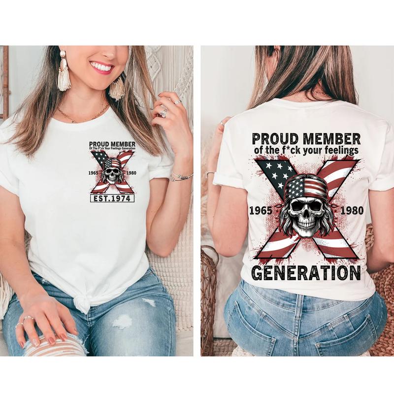 Custom Est.Year 1968 Skull GenX 2 Side Skull Shirt, GenX T-shirt, Skull Proud Member Generation X Shirt, Flag Skull Shirt