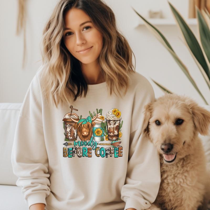 Moody Before Coffee Cow Women's Hoodie - Casual Graphic Tee