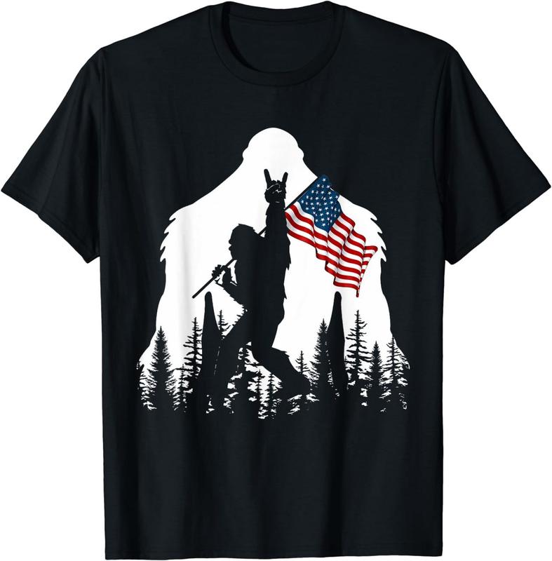 Bigfoot Rock On Hold American Flag Sasquatch Believers T-Shirt for Men - Menswear, Top