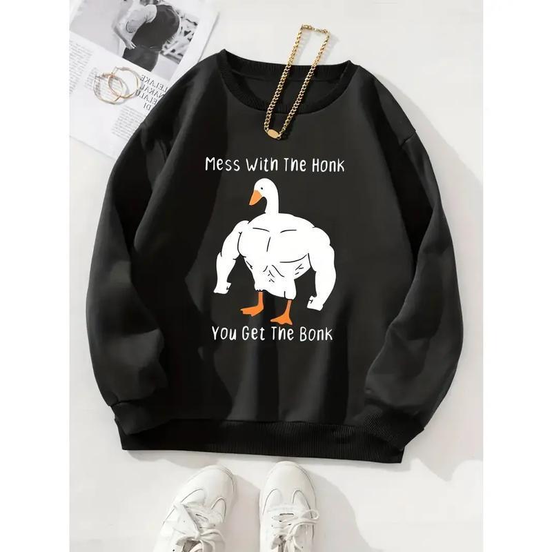 Strong Goose Print Casual Sweatshirt, Pullover Loose Crew Neck Sweatshirt, Women's Sweatshirts, Funny Duck Shirt, T-shirt Cotton Womenswear Light Poly